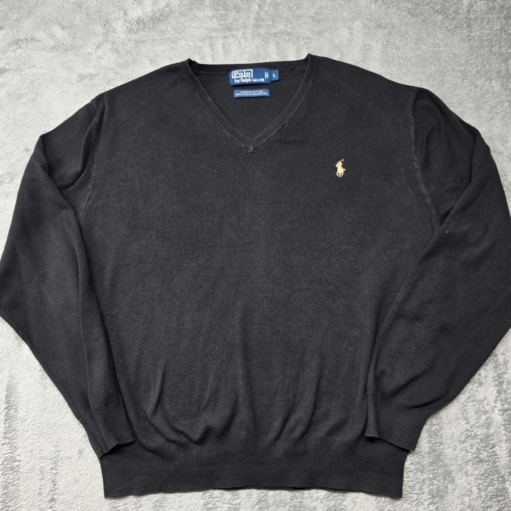 Polo Ralph Lauren Black V Neck Sweater Men LG 100% Pima Cotton Logo Lightweight